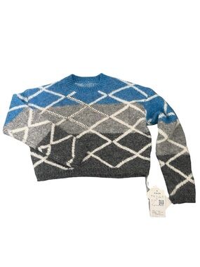 Wool blend argyle striped cropped sweater with rhinestones